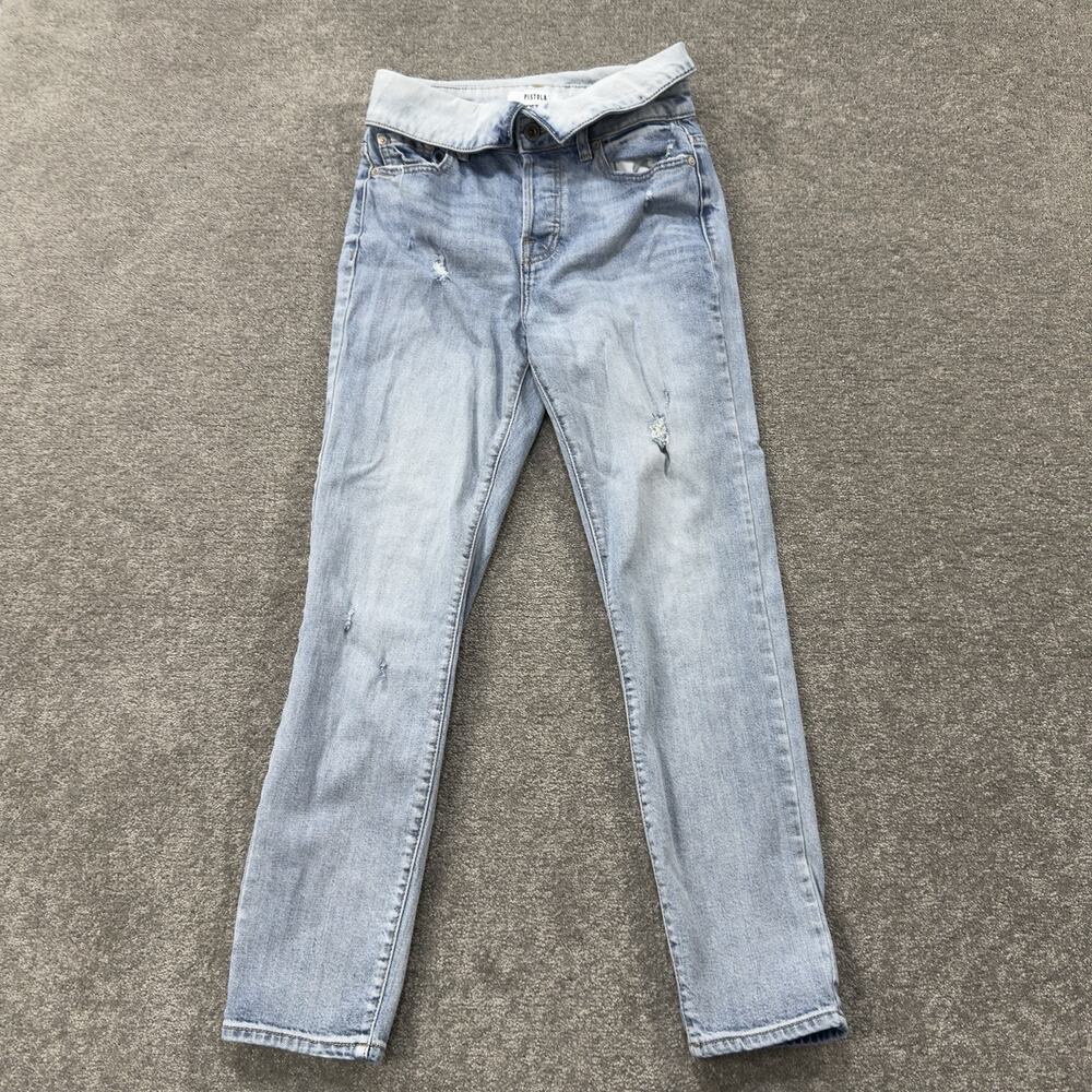 PISTOLA Womens Light Wash Rolled Waist Distressed Button Fly Skinny Jeans 25